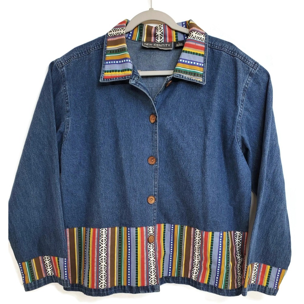New Identity Jacket Womens Large Blue Denim‎ Colorful Embroidered Southwest Boho